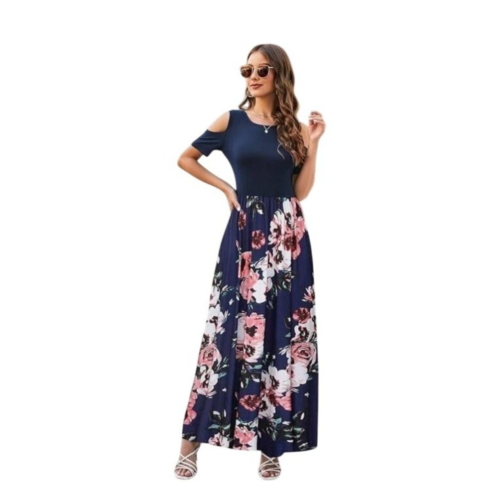 Womens Cold Shoulder Floral Maxi Dress Size XL Navy With Pink & White Boho